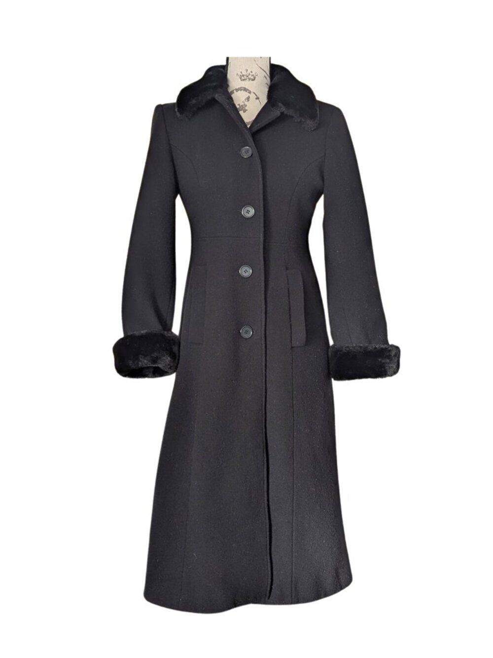 Donnybrook Black Wool Faux Fur Trim Coat Petite 2P - Picture 2 of 11
